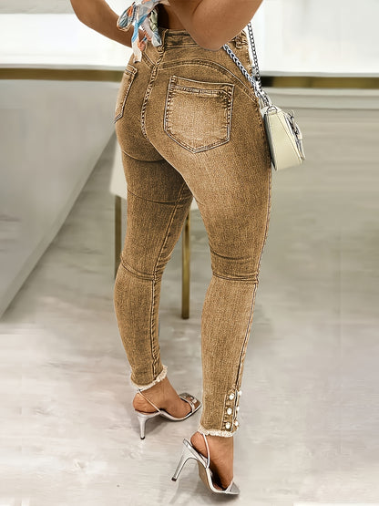 Ladies' High Waisted Washed Distressed Visual Lifting Buttocks Slim Fit Pants with Edge Hair, Pearl Diamond Single Breasted Jeans