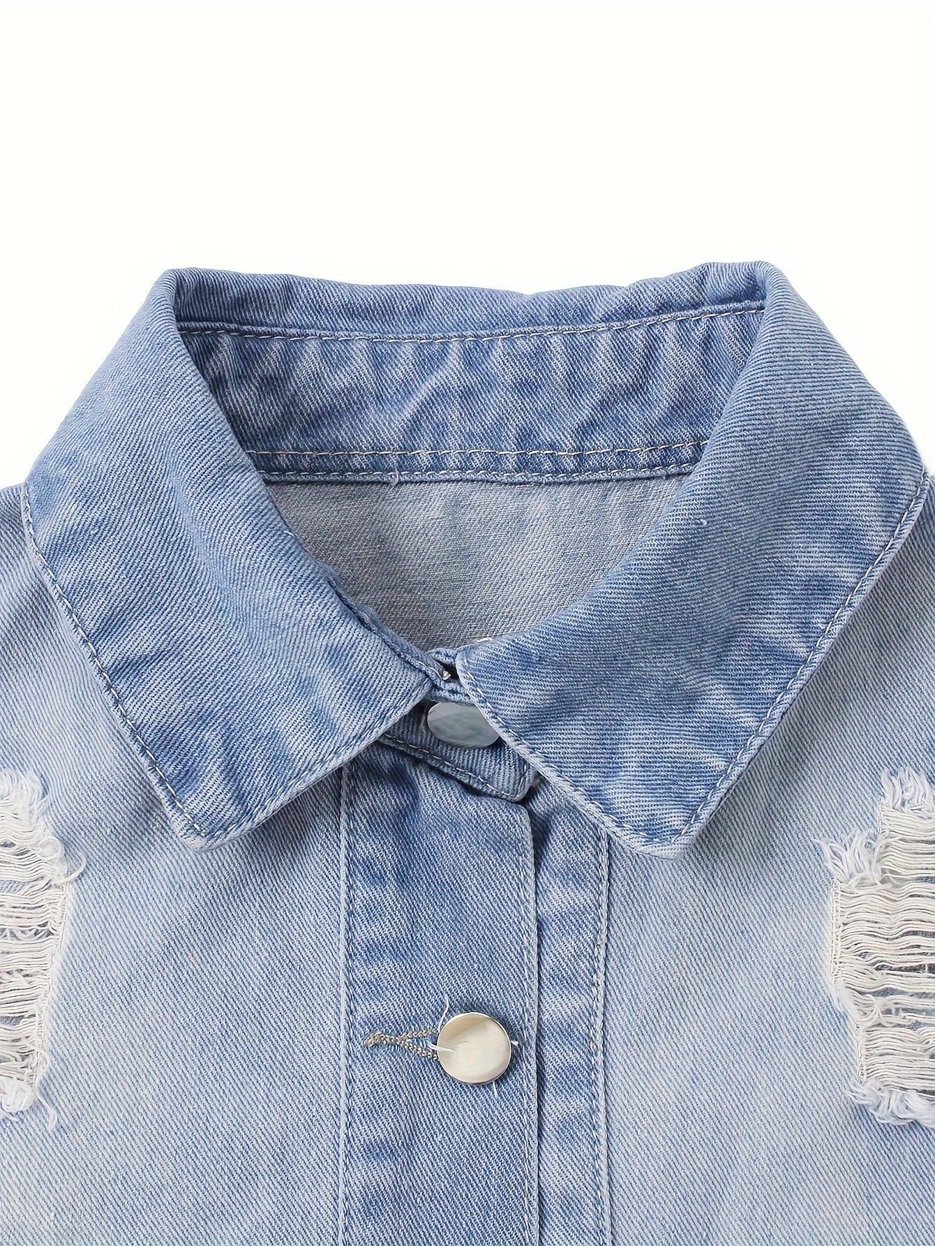 Women's Casual Ripped Washed Blue Patch Pocket Slim Fit Long Sleeve Distressed Denim Jacket
