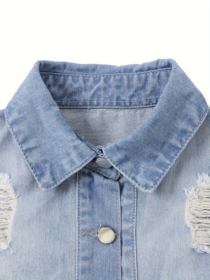Women's Casual Ripped Washed Blue Patch Pocket Slim Fit Long Sleeve Distressed Denim Jacket