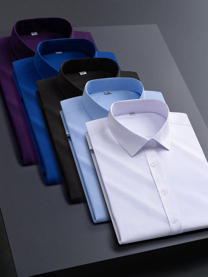 5pcs Men's Stretch Long Sleeve Dress Shirts - Solid Color Business Casual & Formal Shirts, Wrinkle-Resistant & Easy-Care, Regular Fit for Office, Wedding