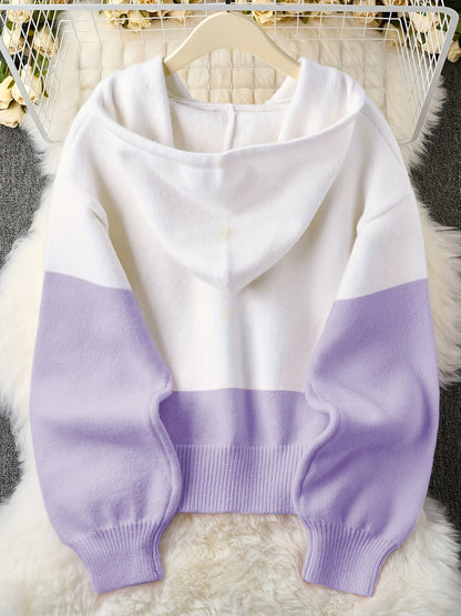 Plus Size - Fresh Pink & White Contrast Hooded Cardigan, Cozy Long Sleeve Cardigan with Button Details, Perfect for Fall/Winter
