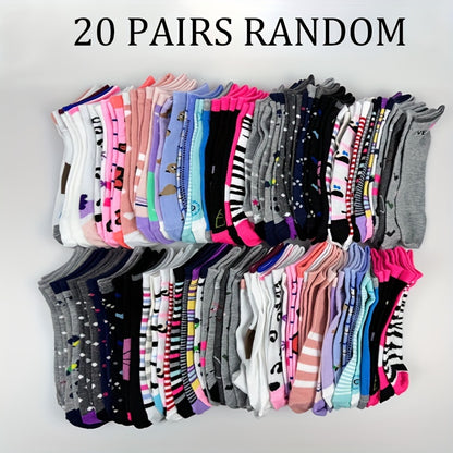 20 Pairs Random Pattern Socks, Easy And Breathable Low-Cut Ankle Socks, Women'S Stockings And Hosiery