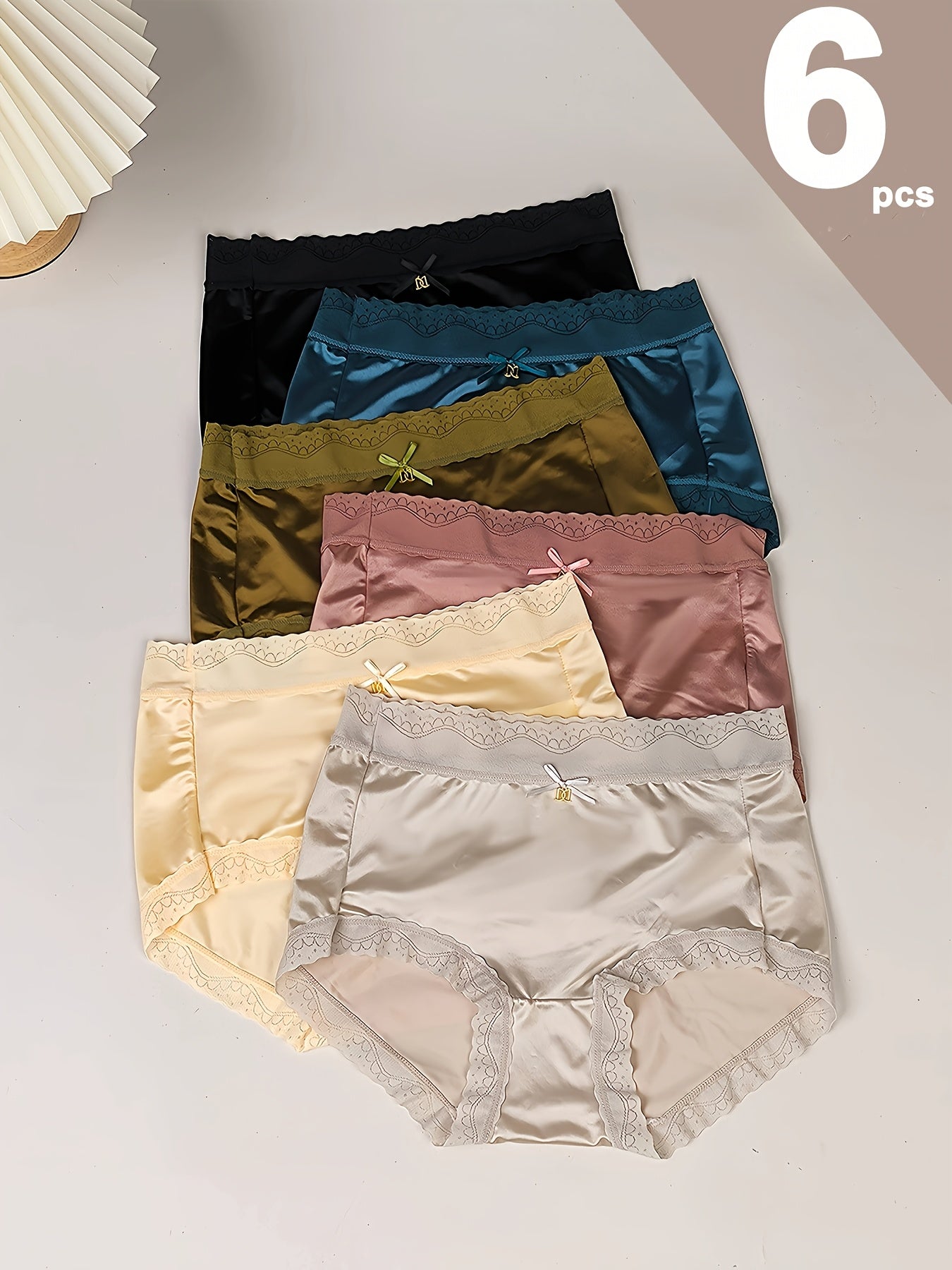 6pcs Women's Satin & Lace Trim Briefs - Comfy, Breathable, Stretchy High Waist Panties for Elegant Comfort