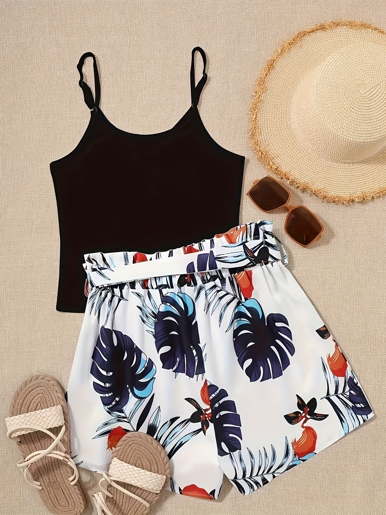 Pants Set - Unique Tropical Print 2pcs Set - V-Neck Crop Top and High-Waist Drawstring Shorts, Lightweight, Breathable, Comfortable Fabric, Machine Washable - Perfect for Spring and Summer