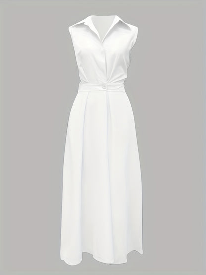 Sleeveless Solid Color Lapel Long Dresses Midi Dresses