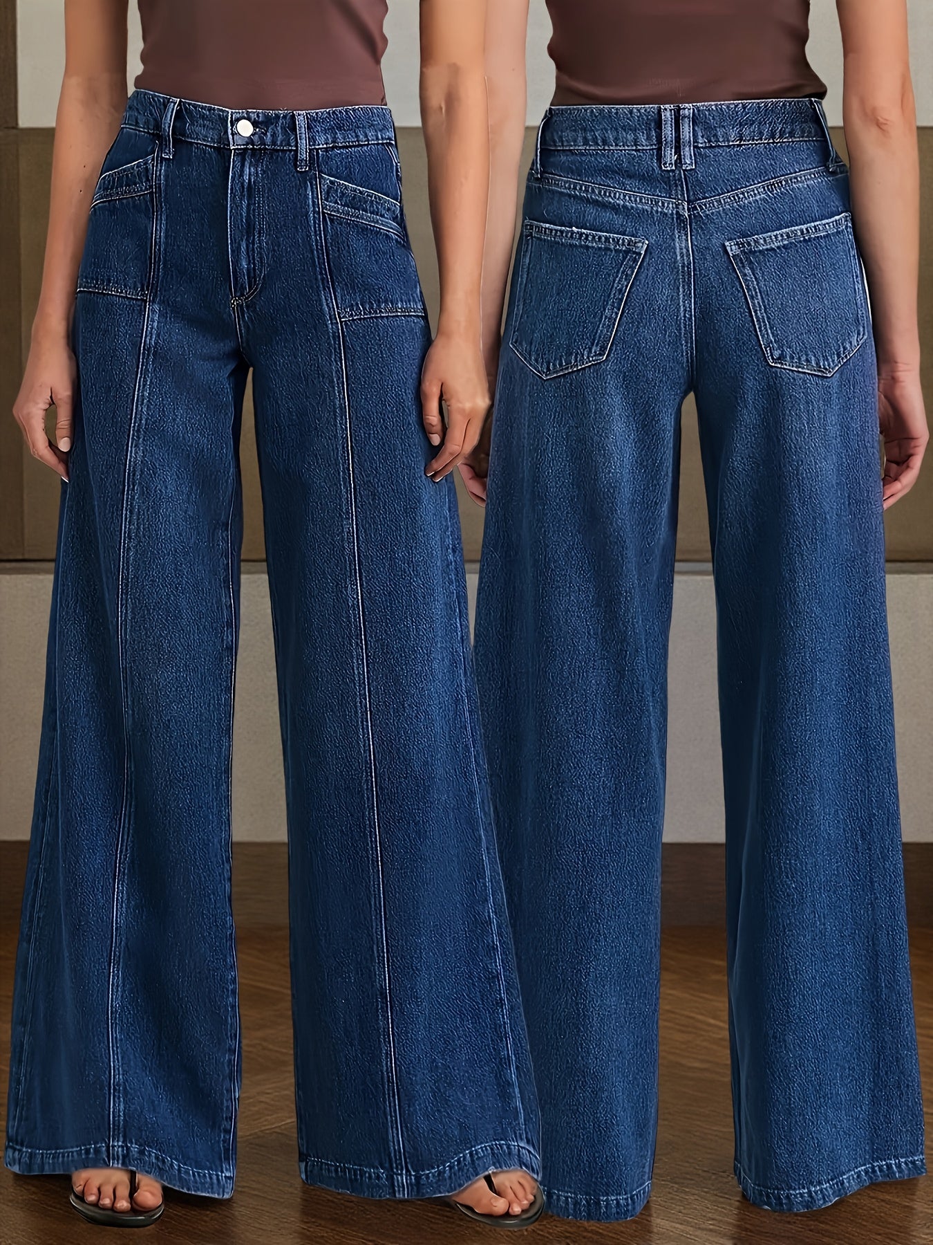 Women's High-Waisted Stretch Blue Jeans - Retro A-Line Bell-Bottoms with Elastic Waist & Button Closure, Slim-Fit Straight-Leg Mid-Rise Floor-Length Casual Pants for All Seasons