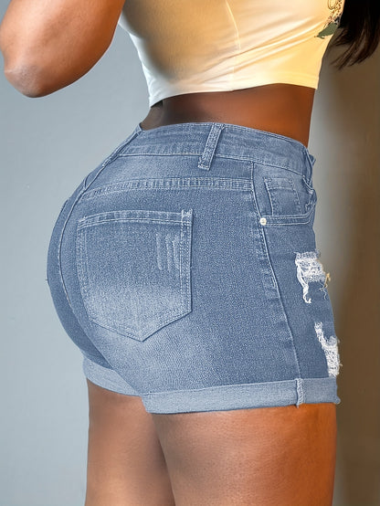 Women's High-Stretch Ripped Denim Shorts - Summer Casual Straight Leg Shorts with Practical Pockets, Machine Washable & Distressed Details for Everyday Comfort