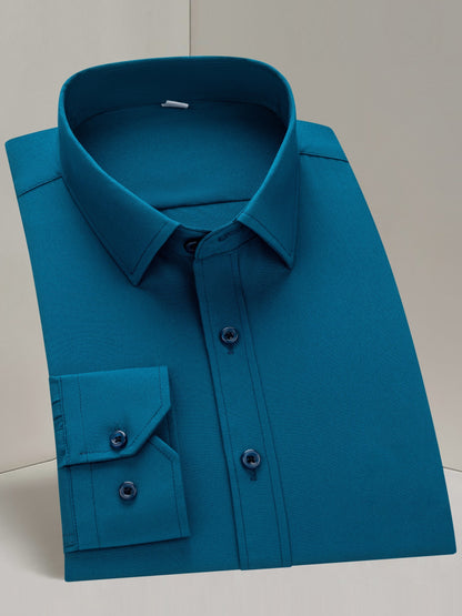 Men'S Long Sleeve Solid Color Business Dress Shirt, Elegant Collar, Stretch Fabric, Regular Fit, Single Button Front, Casual Outwear, Adult Sizes, Woven