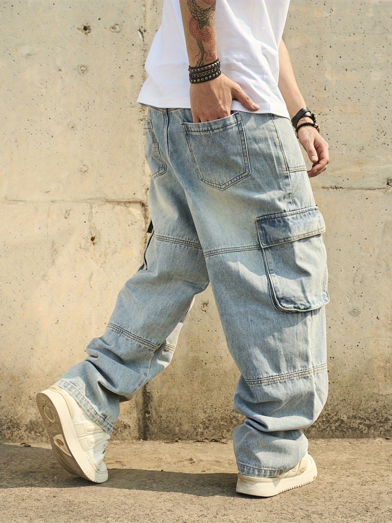 American Retro Washed Distressed Multi Pocket Workwear Youth Jeans Men'S Loose Wide Leg Floor Length Pants Trendy