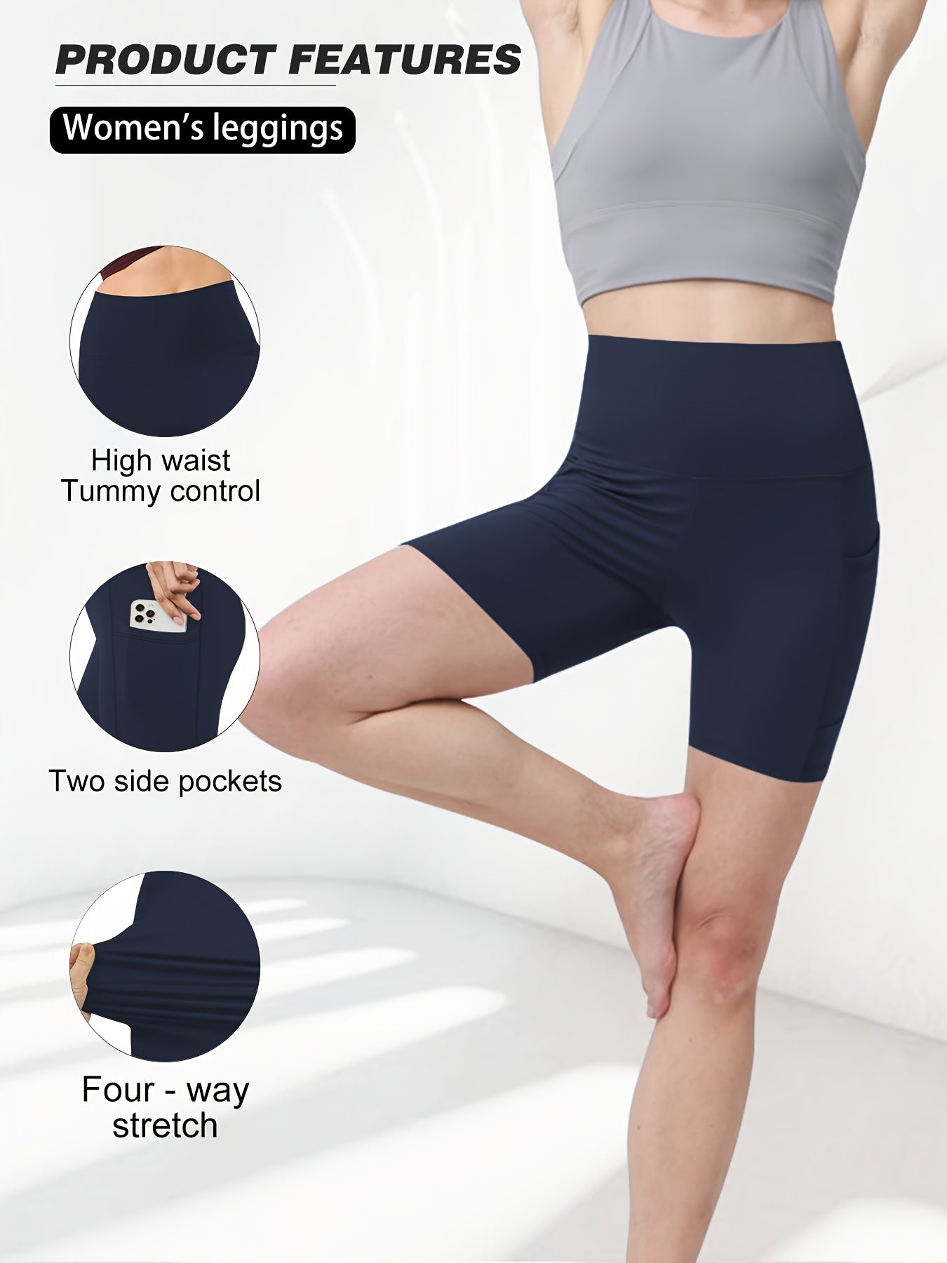 1pc Women's High-Waisted Yoga Shorts with Tummy Control & Pockets - Breathable Workout Gym Shorts, Tight-Fitting Low-Rise Athletic Pants for Summer, Gymnastics, Training (Black/Grey/Navy/Pink/ Brown) - Non-See-Through Quick-Dry