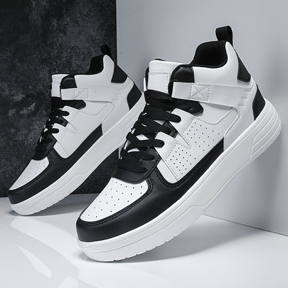 Men's High-Top Lace-Up Sneakers - Durable, Lightweight, Fashionable Casual Sports Shoes, White, PU Upper, MD Sole, EVA/Fabric Insole, Round Toe, Ideal for Hiking, Running & Leisure, Cross Sports Shoes | Lace-Up Closure | Stylish Stitchin