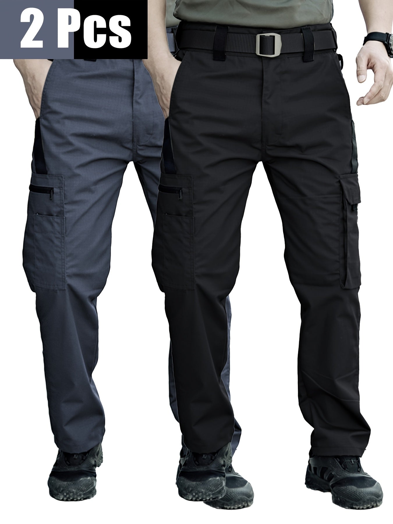 2 Pairs of Men's Tactical Cargo Pants, Outdoor Construction Hiking Multi-pocket Durable Casual Tactical Trousers | Adjustable Waistband | Hiking and Mountaineering Gear (waistband Not Included)