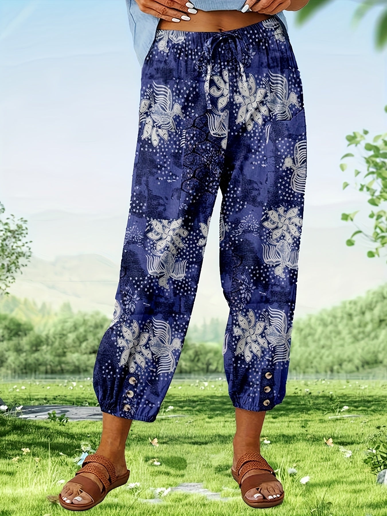 FOEIERAA 3pcs Women's High Waist Jogger Pants, Elastic Waist Retro Print, Loose Comfortable Casual Trousers for Outdoor Commute
