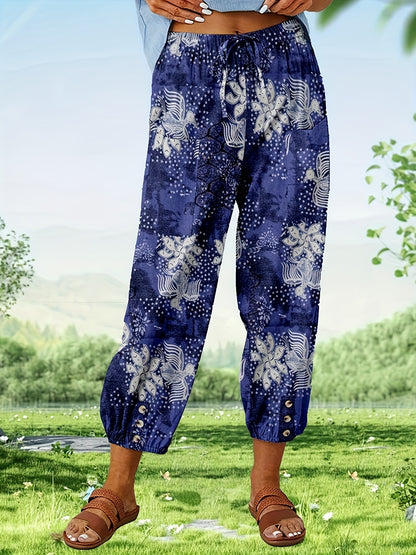 FOEIERAA 3pcs Women's High Waist Jogger Pants, Elastic Waist Retro Print, Loose Comfortable Casual Trousers for Outdoor Commute