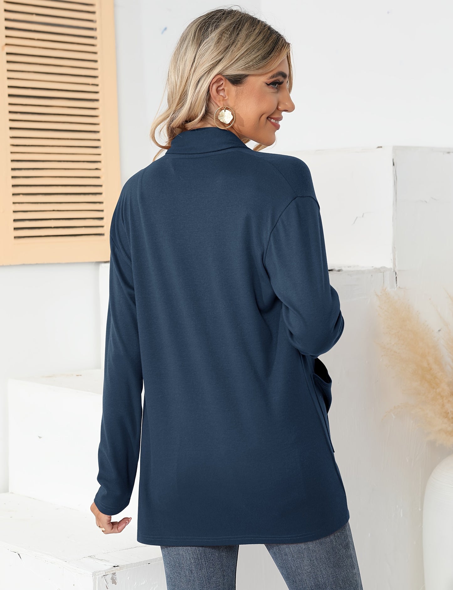 Spring And Autumn Women'S New Casual Solid Color Open Placket Double Pocket Design Simple Cardigan Jacket Comfortable Loose Long Sleeve Cardigan