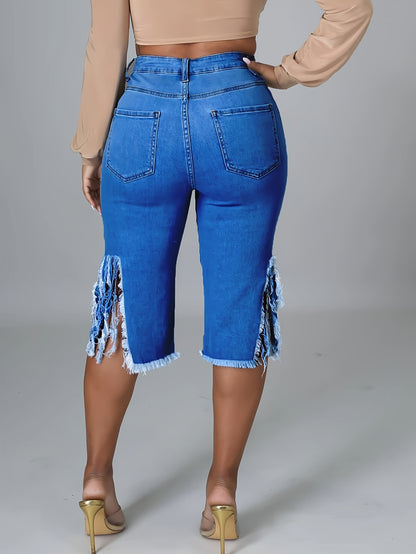 Women'S Trendy Distressed Denim Shorts with Fringe Hem