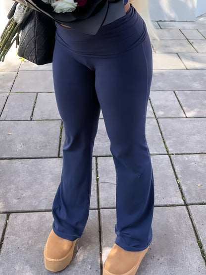 Casual Solid Color Slim Two-piece Pants Set, Short Sleeve Crew Neck T-shirt & Skinny Flared Leg Pants Outfits, Women'S Clothing