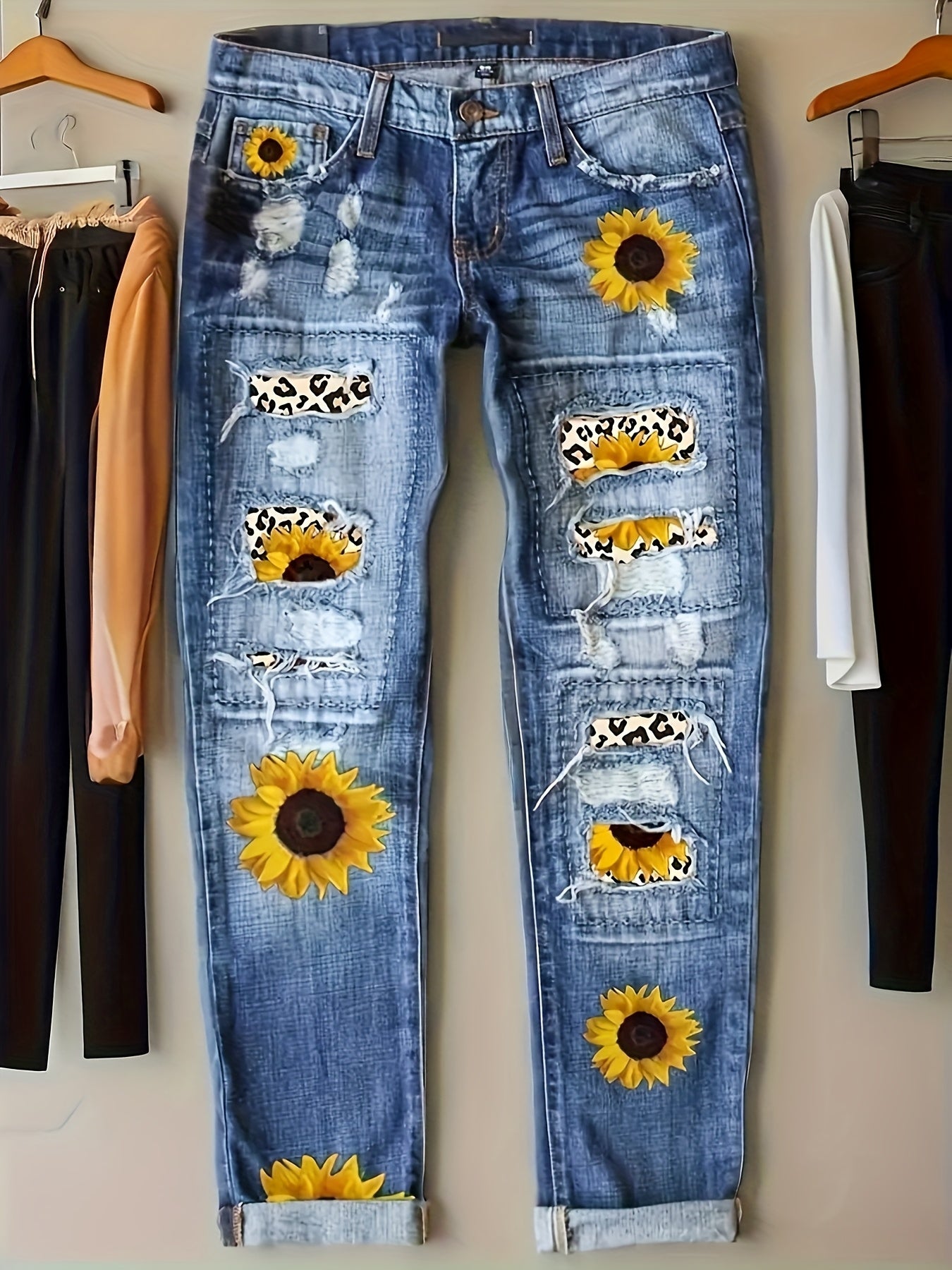 1pc Women'S Slim Fit Floral Print Denim Jeans - Stretchy, Elegant Style with Vibrant Flower Design, Perfect for Spring & Fall, Jeans for Women
