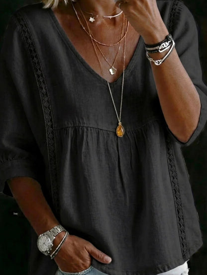 Women'S V-neck Loose-fit Top With Lace Panels; Elegant Design, Three-quarter-length Puff Sleeves, Lace Cut-out Detailing At The Sides, Figure-flattering Cut That Conceals The Tummy; Perfect For Bohemian-inspired Office Wear