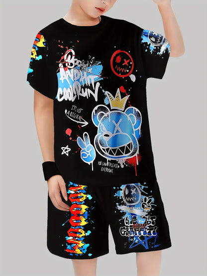 Boys' Fashion 3D Printed Casual Pullover Short Sleeve Shorts T-Shirt, Boys Outdoor T-Shirt Shorts Set, for Outdoor