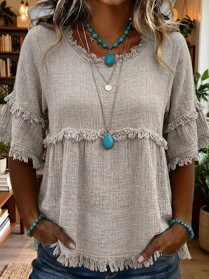 Women'S Round Neck Short Sleeve Casual Blouse with Fringed Trim