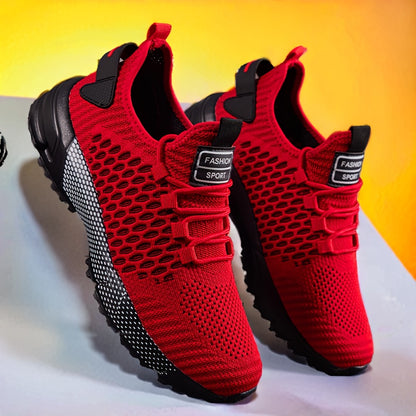 [Breathable Mesh Sneakers] Men's Breathable Mesh Sneakers - Ultra-Comfortable, Non-Slip, Geometric Print With Red Accents - Perfect For Running, Basketball, Tennis, And Casual Wear - Lightweight And Stylish For Active Men