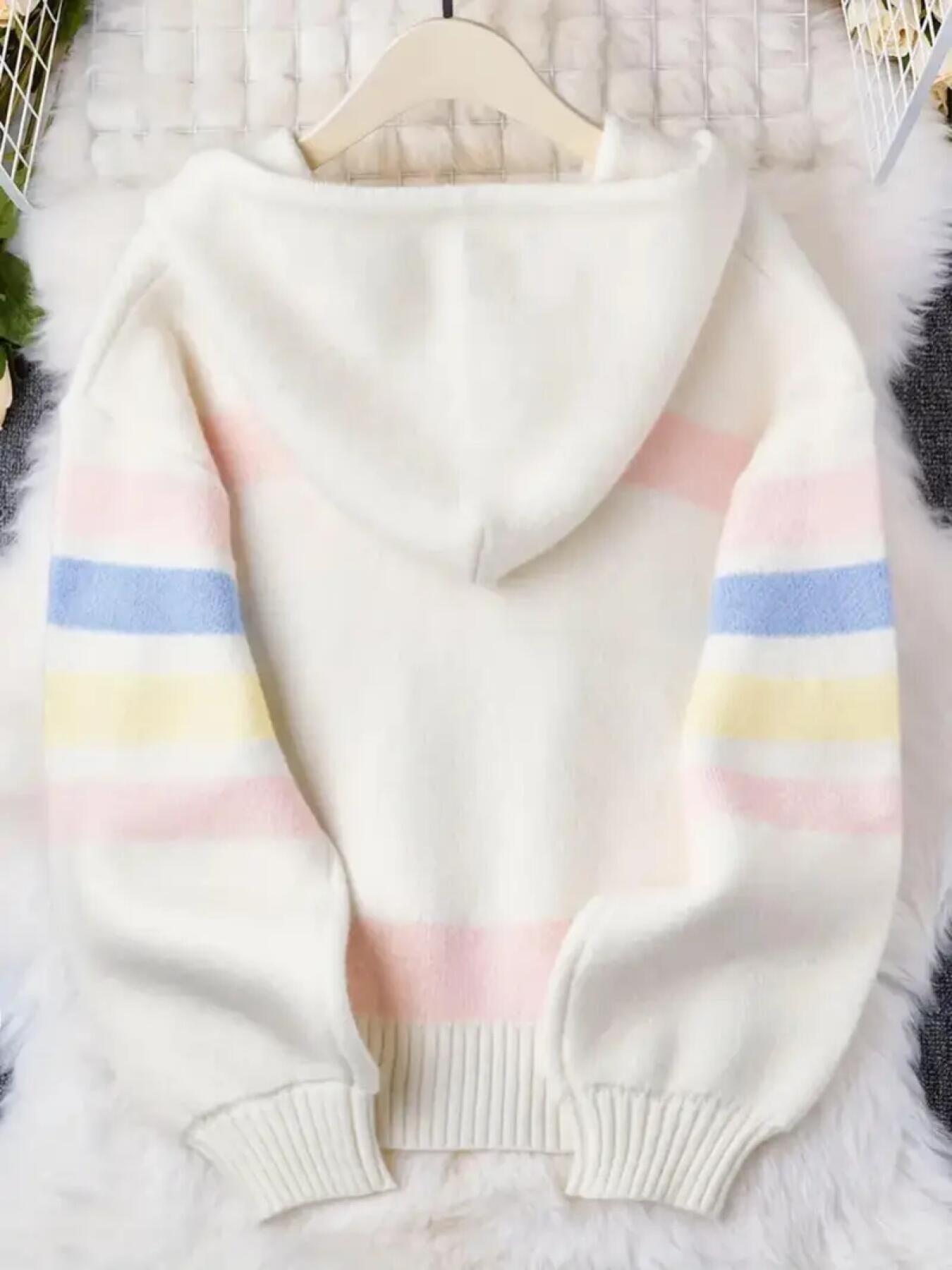 Hooded Cardigan with Rainbow Stripes, Women'S Standard Size Sweater, Soft And Comfy Loose-Fitting Sweater Jacket