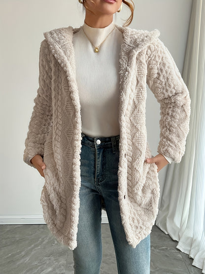 Hooded Fuzzy Coat Mid-Length Jacket with Buttons Soft Warm Winter Fall Outfits 5 Colors