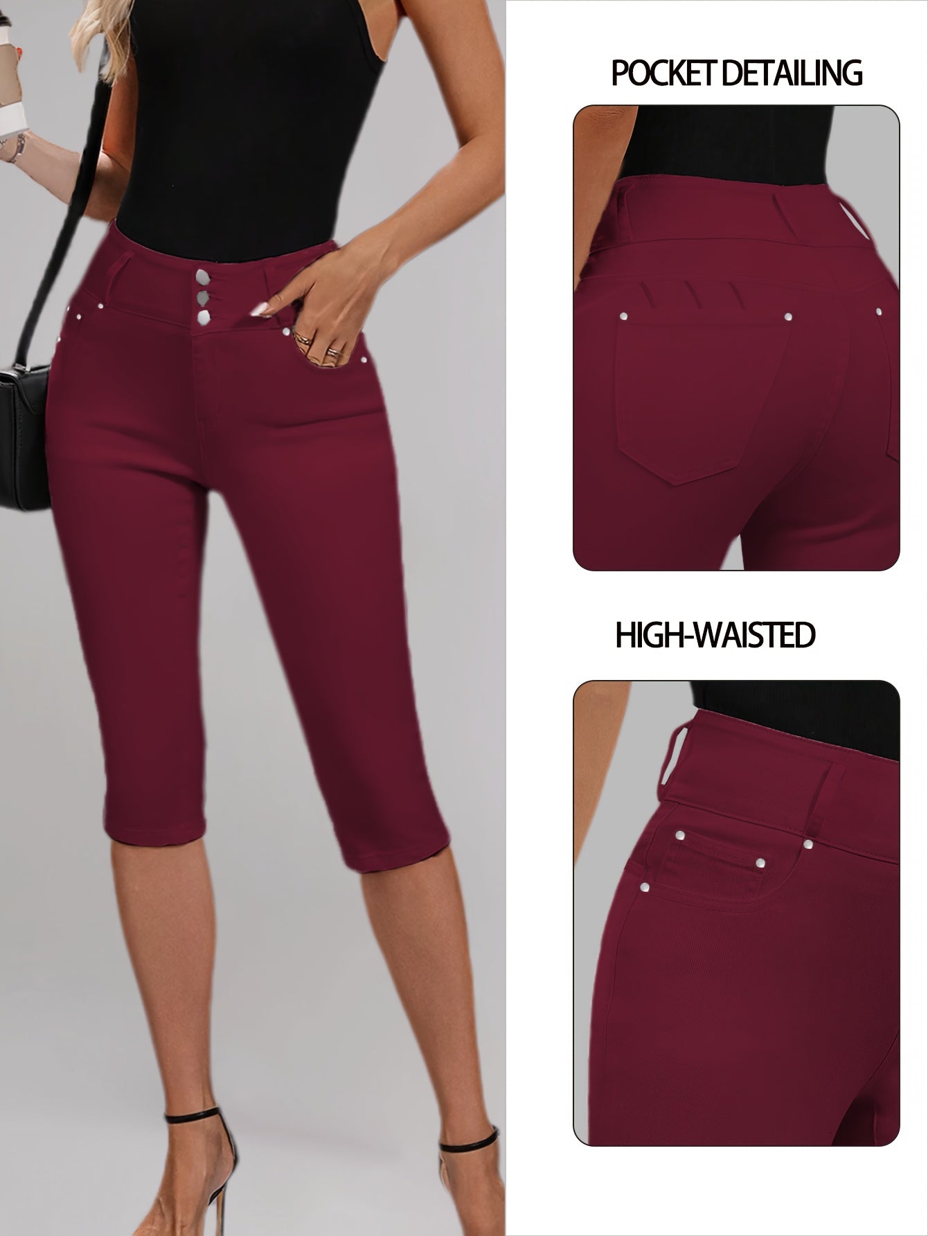 [High-Waisted Stretch Capri] Women's Deep Red High-Waisted Stretch Capri Pants Triple Row Button Fly with Metal Rivet Accents Booty Lifting Design 7/8 Length Cropped Jeans High Elasticity Soft Comfortable Machine Washable Versatile Wardrobe Essential for