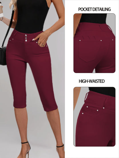 [High-Waisted Stretch Capri] Women's Deep Red High-Waisted Stretch Capri Pants Triple Row Button Fly with Metal Rivet Accents Booty Lifting Design 7/8 Length Cropped Jeans High Elasticity Soft Comfortable Machine Washable Versatile Wardrobe Essential for