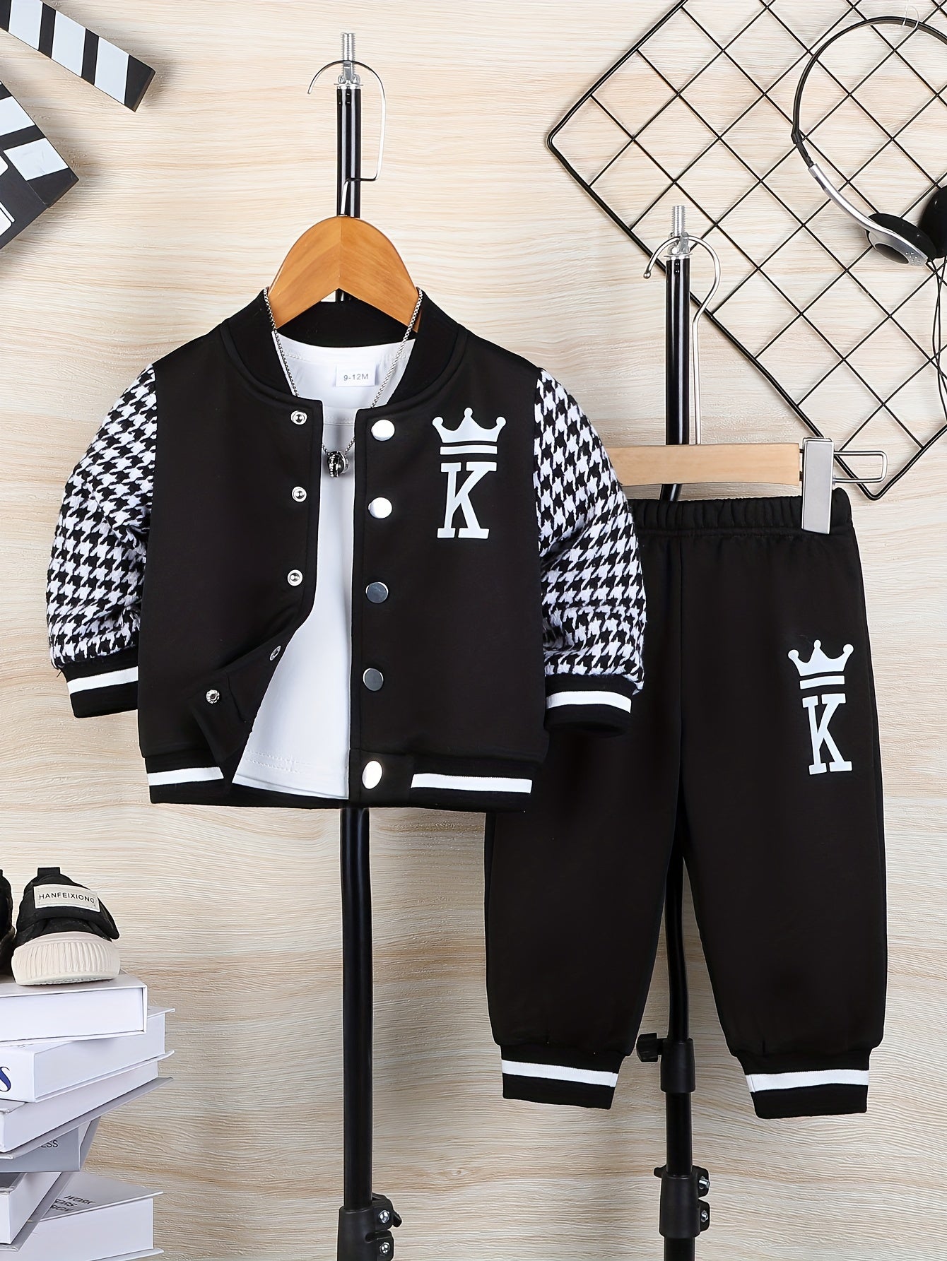 Toddler Boy's 2pcs Set, Crown Letter K Design Houndstooth Long Sleeve Jacket & Letter K Pants, Casual Comfy Set for Outdoor Activities And Daily Wear for Fall/Winter, Perfect for Outdoor