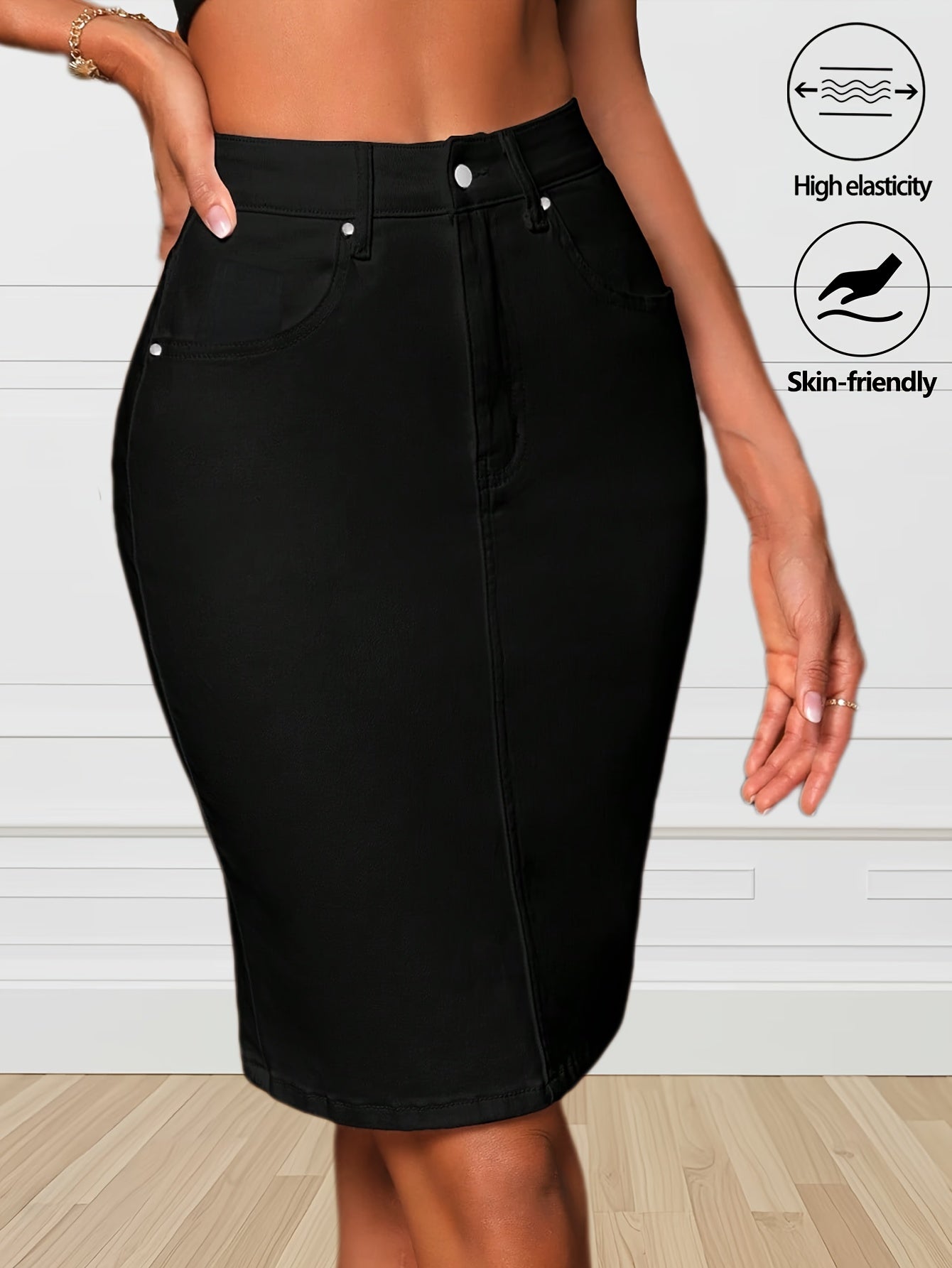 Womens Black High Waisted Stretch Denim Pencil Skirt Bodycon Fit Back Slit Detail with Multiple Metal Rivet Accents High Elasticity Light Beige Friendly Soft Fabric Tummy Control Design Machine Washable Versatile Midi Length Skirt for Casual Office