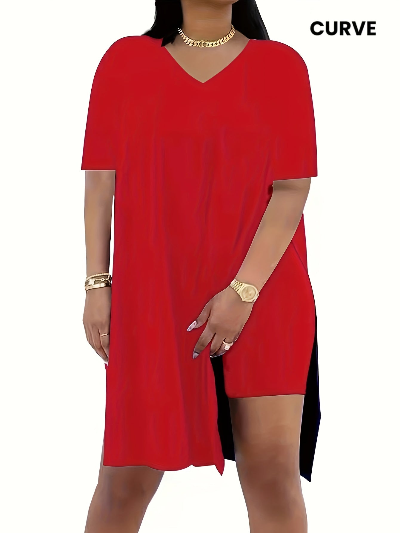 Two-Piece Outfit for Plus-Size Women Featuring a Casual V-Neck Short-Sleeve Top with Side Slits And Drawstring Leggings, Made from Comfortable, Ideal for Everyday Wear