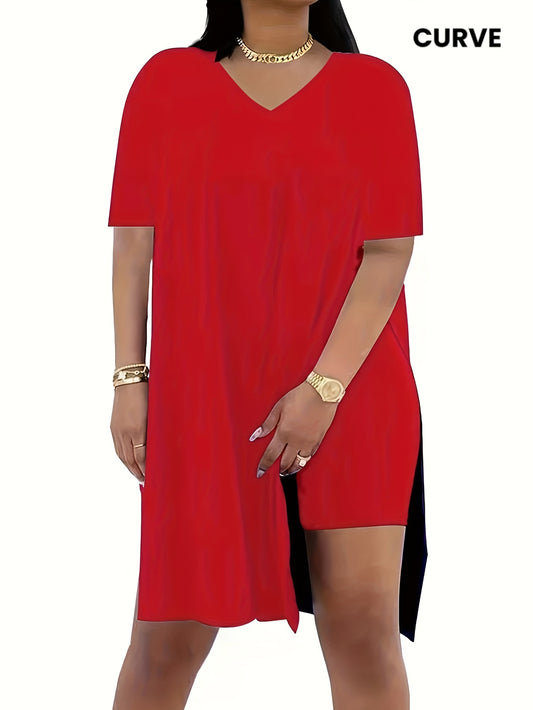 Two-Piece Outfit for Plus-Size Women Featuring a Casual V-Neck Short-Sleeve Top with Side Slits And Drawstring Leggings, Made from Comfortable, Ideal for Everyday Wear