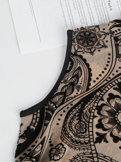 Elegant Sheer Mesh Bodysuit with Tropical Print - Sleeveless, Stretchy & Machine Washable for Women