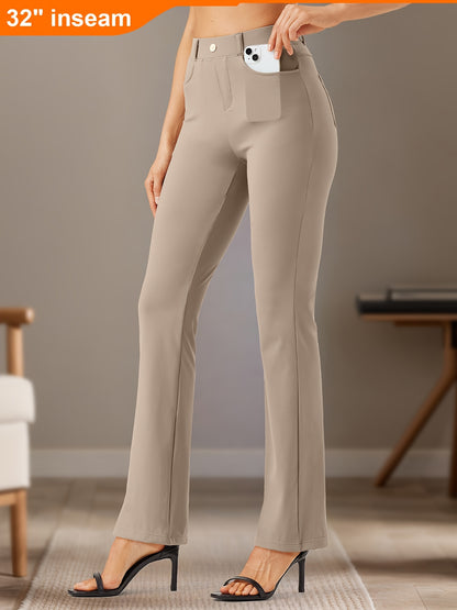 32'' Women's Bootcut Yoga Dress Pants 4 Pockets, Stretch Work Pants, Wrinkle-Free, Lightweight Office Flare Leggings, Wide Leg with Belt Loops, Casual Comfort