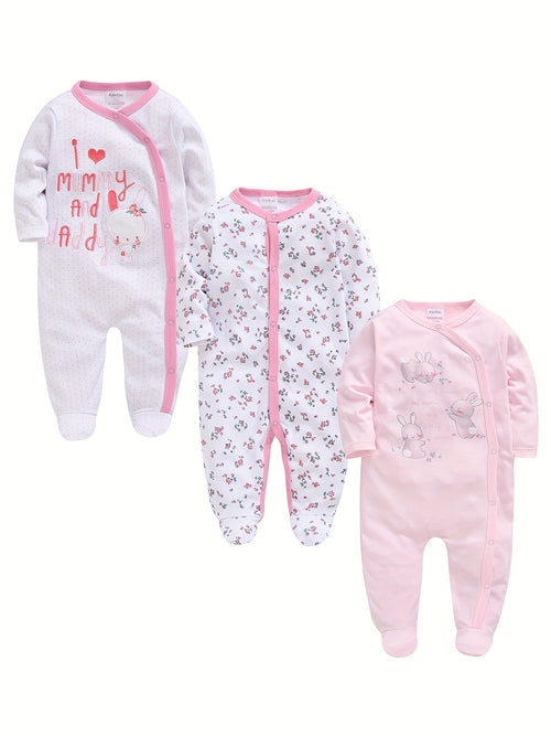 3pcs Baby Girl Cute Pink 1pc Jumpsuit Soft Long Sleeve Footed Romper Cartoon Bunny Rabbit Floral Print Newborn Girls' Overall Bodysuits Outfit Clothes for Infant Girl 0-12 Months, Perfect for Outdoor