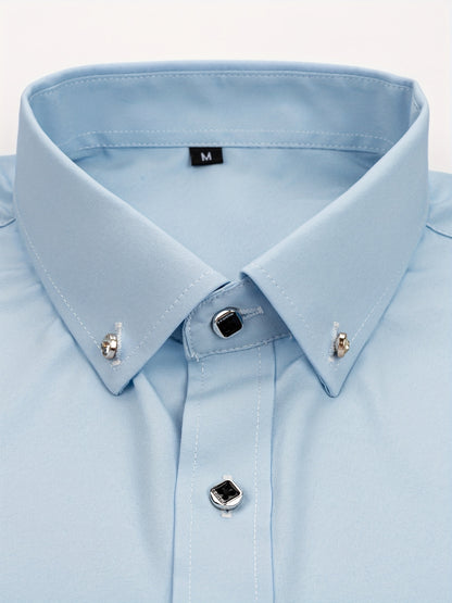 Father'S Day Gift Choice, Men'S Long Sleeve Button Shirt, Crystal Button Design, Solid Color Plain Formal Business Attire, Great As Gift for Party, Wedding, Date Dress Shirt