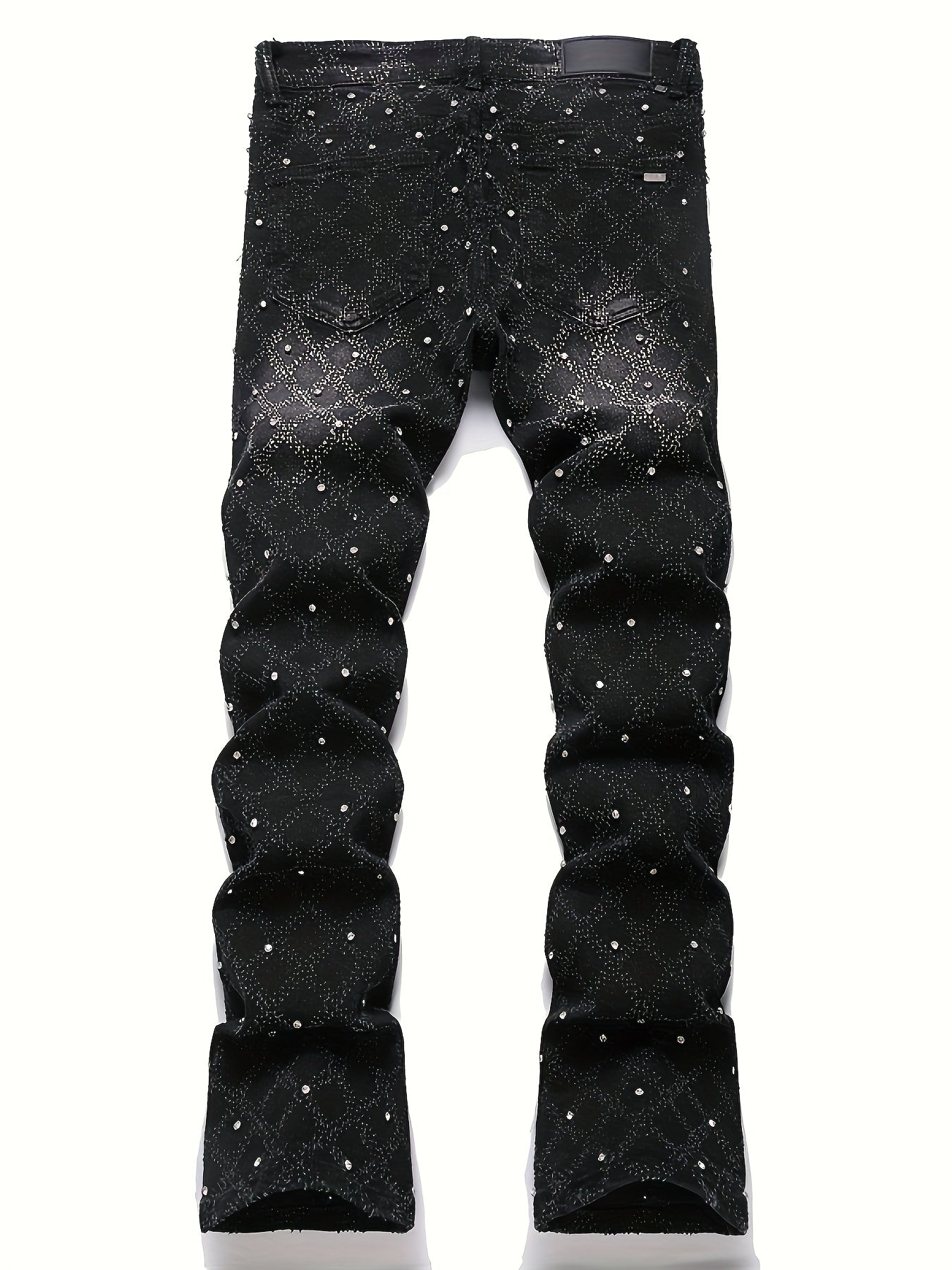 Y2K Men's Shiny Rhinestone Embellished Stretch Slim-Fit Jeans, Casual Street Style Hip-Hop Skateboarding Rap Pants, Machine Washable - All-Season Wear