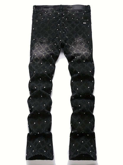 Y2K Men's Shiny Rhinestone Embellished Stretch Slim-Fit Jeans, Casual Street Style Hip-Hop Skateboarding Rap Pants, Machine Washable - All-Season Wear