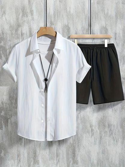 Set of 2pcs for Men Including a Solid Color Short Sleeve Shirt with a Single Button And Matching Pants, Perfect for Casual Wear