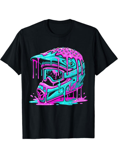 [Christmas Gift] Drip Melt Motocross Helmet Graphic Dirt Bike Racing T-Shirt - 100% Crew Neck Short Sleeve Tee, Casual Christmas Shirt, Perfect Gift for Youngsters, Birthday And Holiday Party Outfit, Christmas Gifts, Casual Youngsters Wear