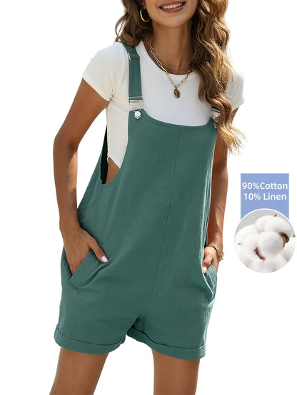 Women'S Linen Stylish Short Overalls Casual Summer Bib Shortalls With Pockets