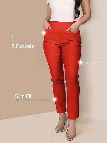 Slim Fit High-Waisted Pants for Women Featuring Five Pockets, Designed for Easy Pull-On Wear, Suitable for Work Or Casual Office Settings
