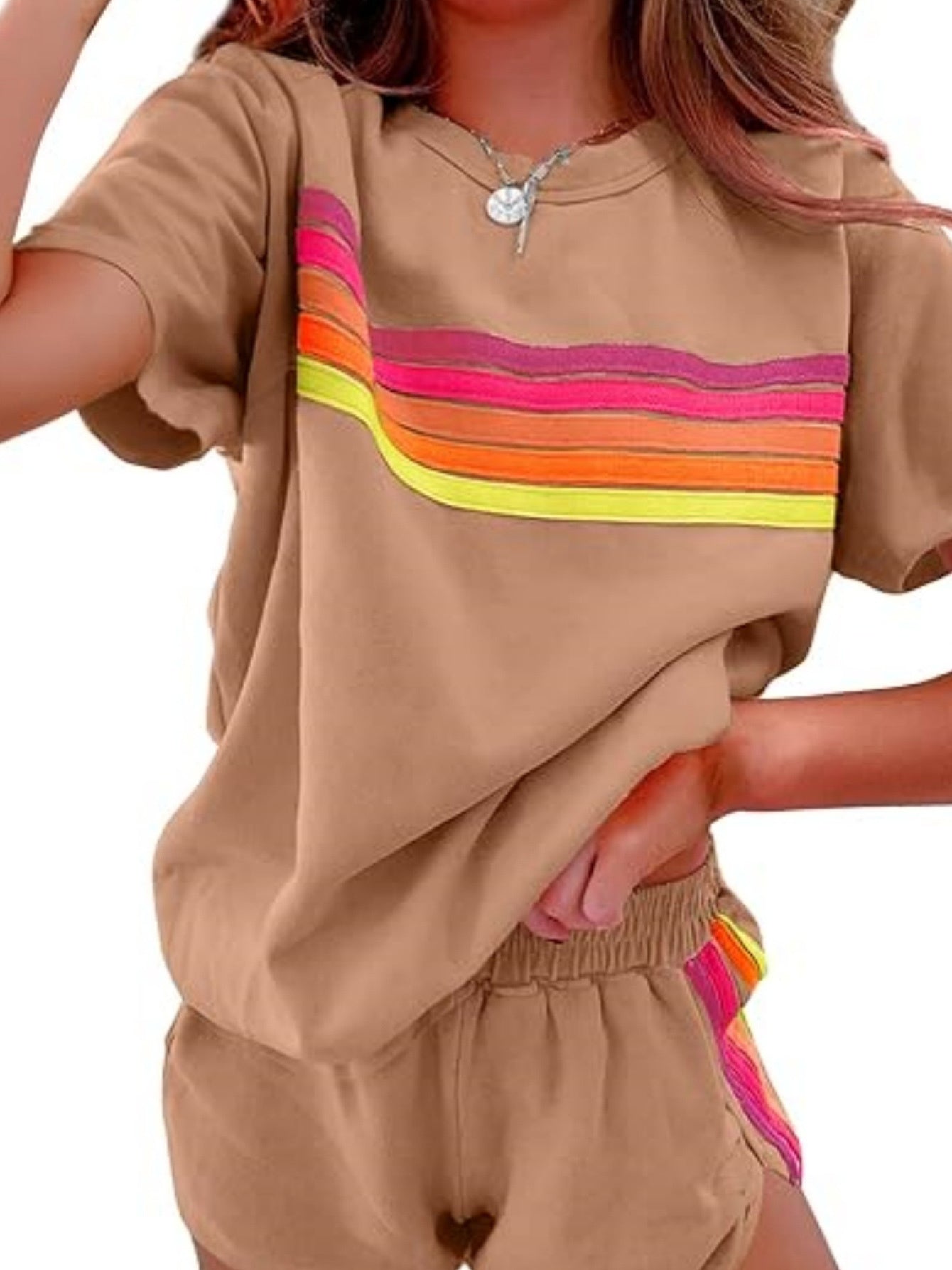 2pcs Set Elevate Your Style with Our Chic Color-Block Shorts Set in White, Blue, Pink, Or Light Brown