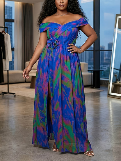 [Formal Gatherings] Plus Size - Plus Size - Plus Size Women's Spring-Summer Off-Shoulder Waist Slit Dress | Exquisite Design Suitable for Formal Gatherings And Light Social Occasions, Showcasing Elegant Temperament, Easily Creating Eye-Catching Proper Loo