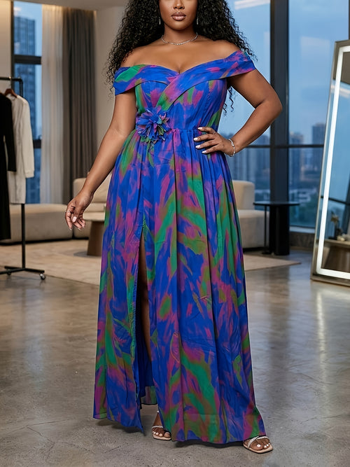 [Formal Gatherings] Plus Size - Plus Size - Plus Size Women's Spring-Summer Off-Shoulder Waist Slit Dress | Exquisite Design Suitable for Formal Gatherings And Light Social Occasions, Showcasing Elegant Temperament, Easily Creating Eye-Catching Proper Loo
