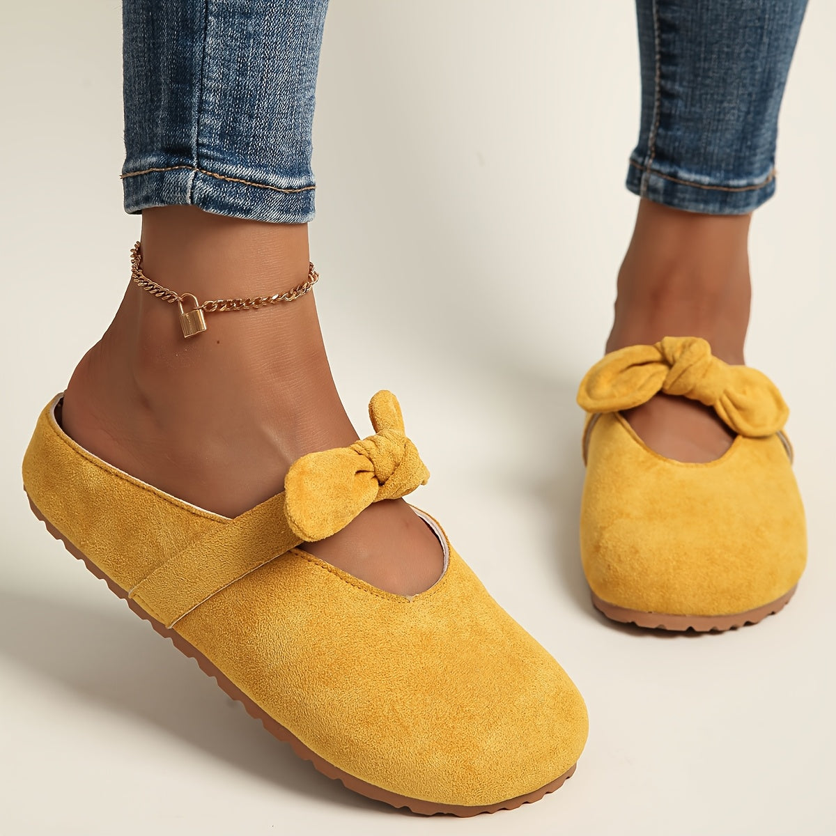 [Slip-On Mules Bow Detail] Women's Slip-On Mules with Thick Cushioned Soles And Bow Detail - Soft Fabric Upper, Breathable PU Lining, Sole - All-Season Comfort for Casual And Formal Wear (Beige/Yellow/Pink) - Extended Sizes Available, Mule Shoes, Comforta
