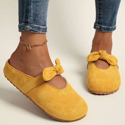 [Slip-On Mules Bow Detail] Women's Slip-On Mules with Thick Cushioned Soles And Bow Detail - Soft Fabric Upper, Breathable PU Lining, Sole - All-Season Comfort for Casual And Formal Wear (Beige/Yellow/Pink) - Extended Sizes Available, Mule Shoes, Comforta