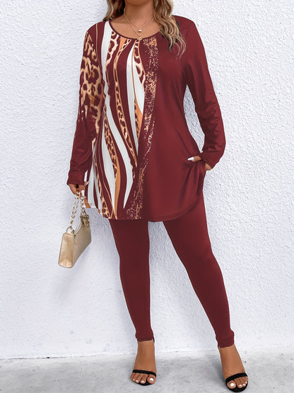 Plus Size, Plus Size 2pcs Outfits for Women Leopard Print Long Sleeve Tunic Top And High Waist Leggings Women Casual Loungewear Matching Set for Daily Wear